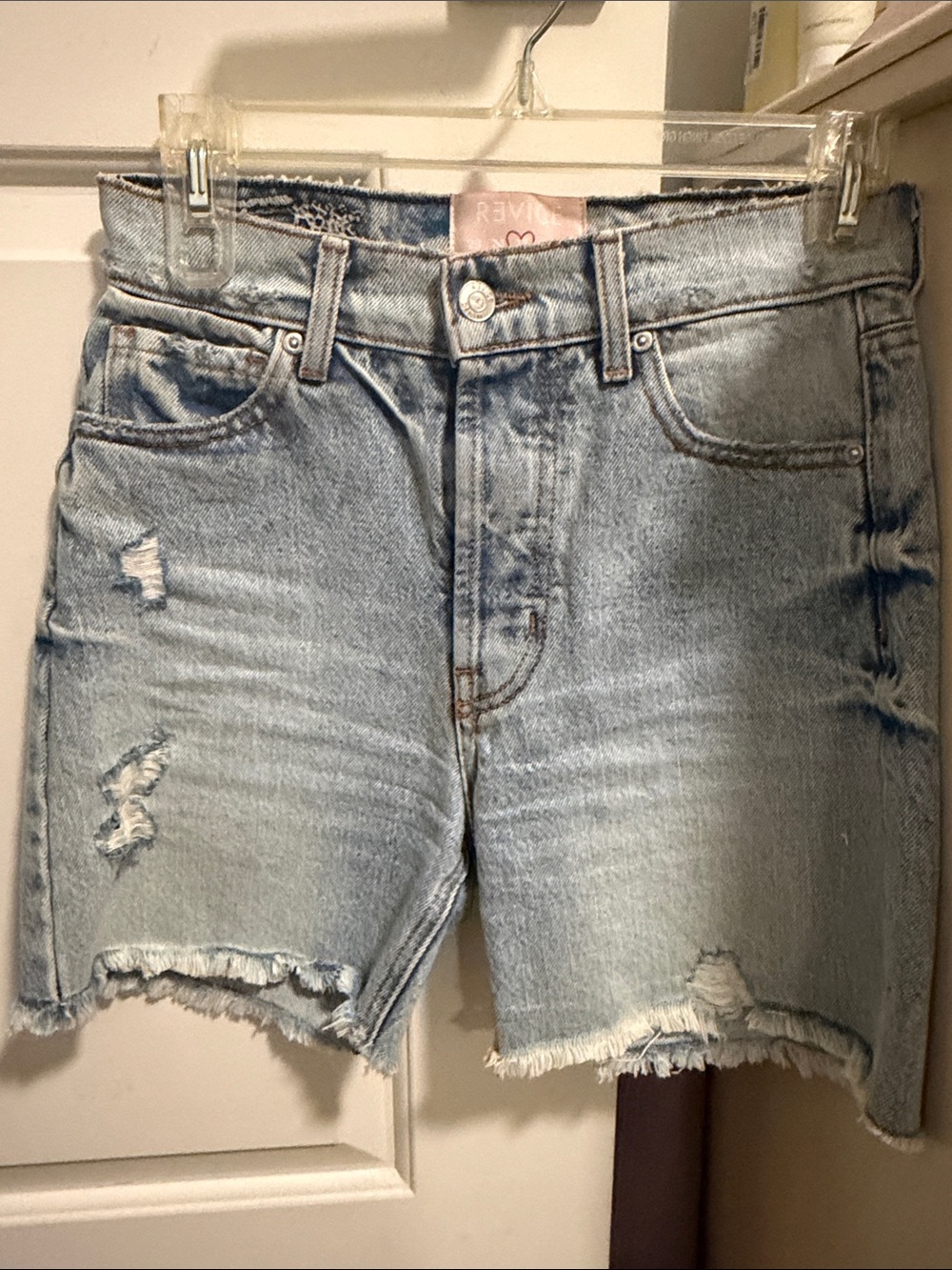REVICE Light Blue Distressed High-Rise Jean Shorts
